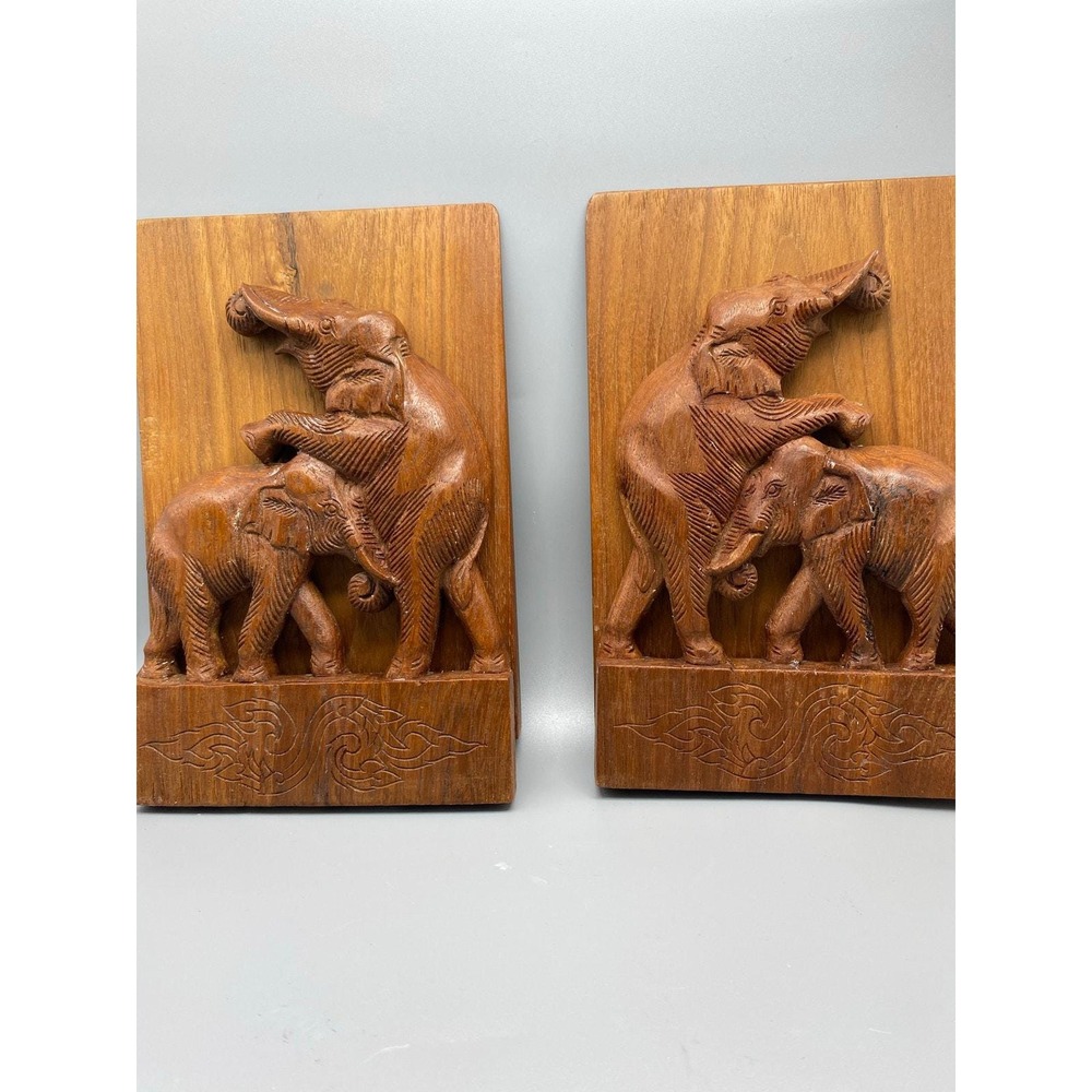 Vintage Hand Carved Wood Elephant Bookends Set Folding Boho Global Decor‎